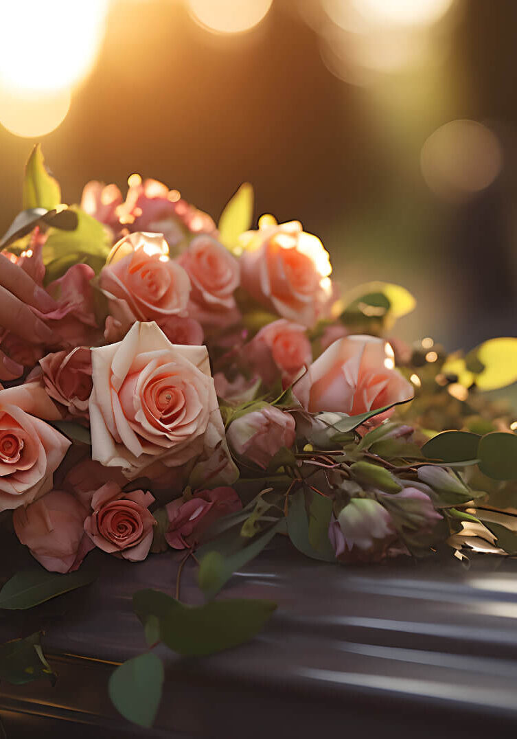 Woman's hand on top of funeral flowers